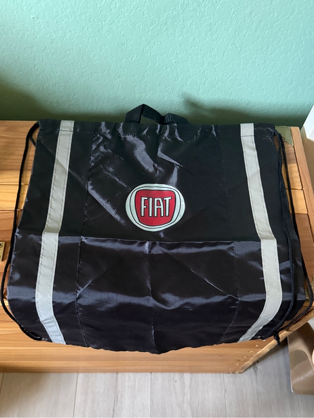 Fiat Logo Black Nylon Drawstring Backpack Cinch Bag 15.5x19” Reflective Strips